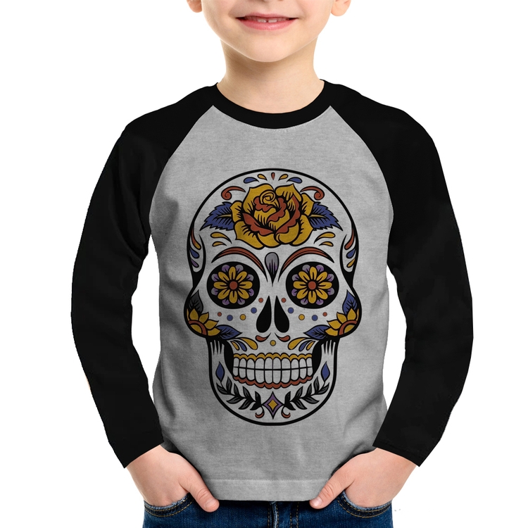 Camiseta Raglan Infantil Caveira Mexicana Manga Longa - Cinza/Preto