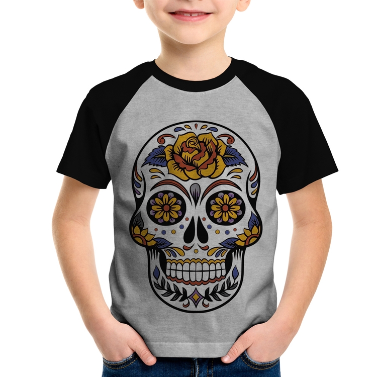 Camiseta Raglan Infantil Caveira Mexicana - Cinza/Preto