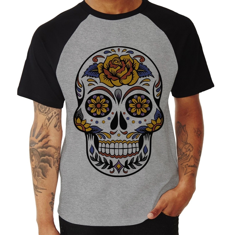 Camiseta Raglan Caveira Mexicana - Cinza/Preto