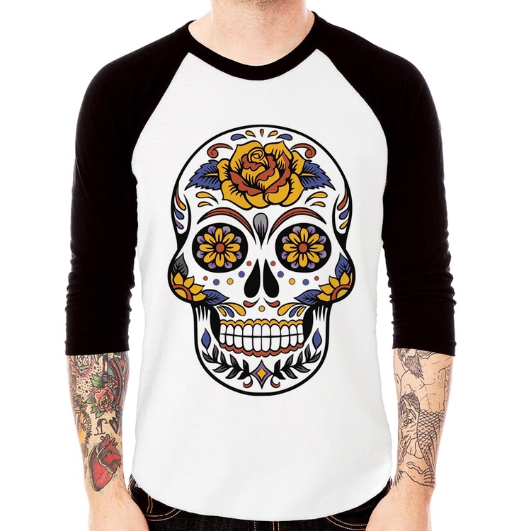 Camiseta Raglan Caveira Mexicana Manga 3/4