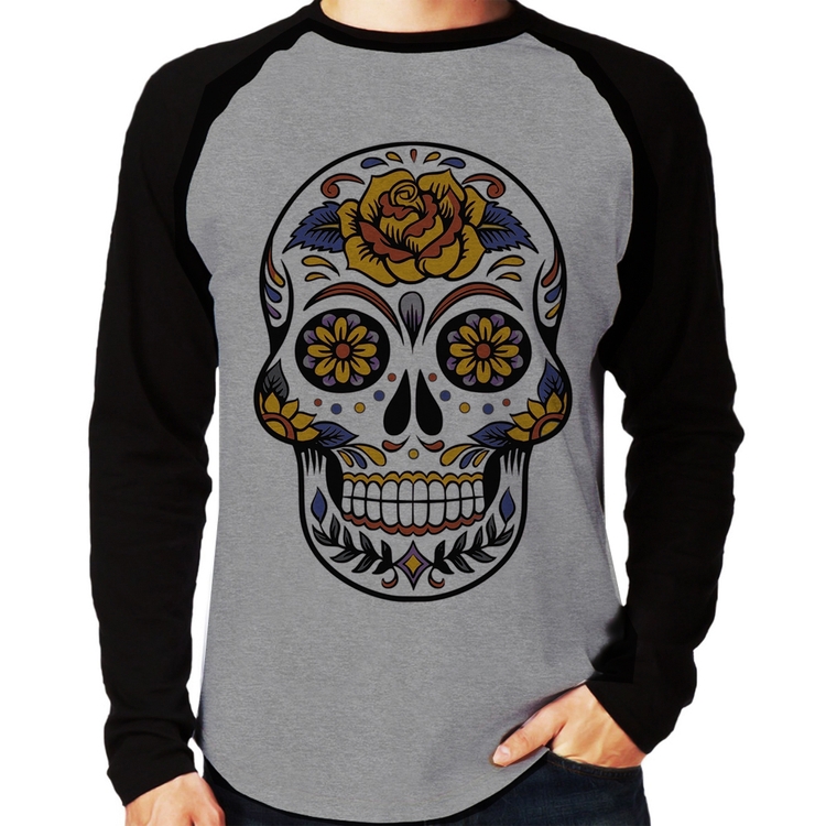 Camiseta Raglan Caveira Mexicana Manga Longa - Cinza/Preto