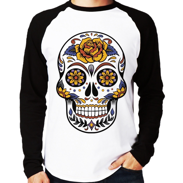 Camiseta Raglan Caveira Mexicana Manga Longa