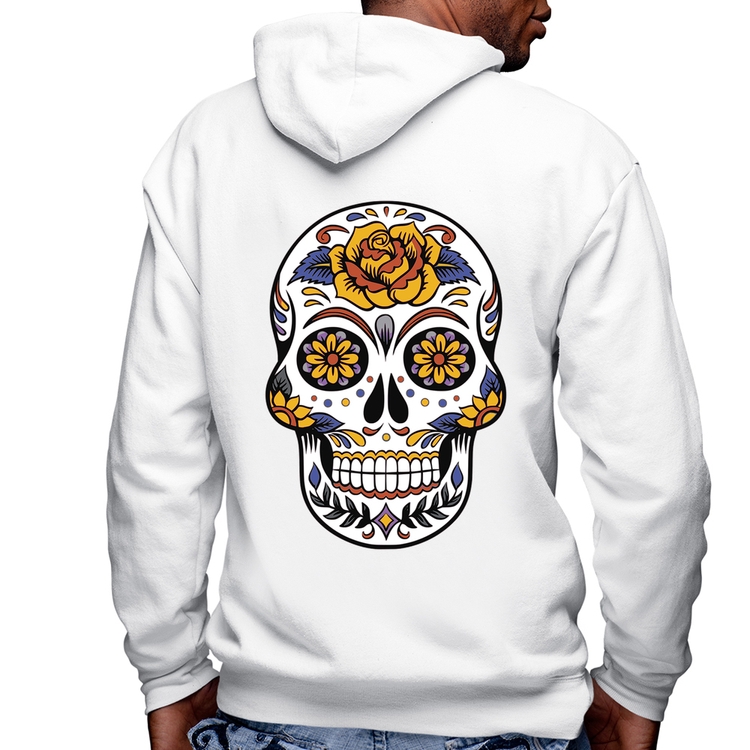 Blusa Moletom Caveira Mexicana Masculina com Capuz e Zíper - Branca