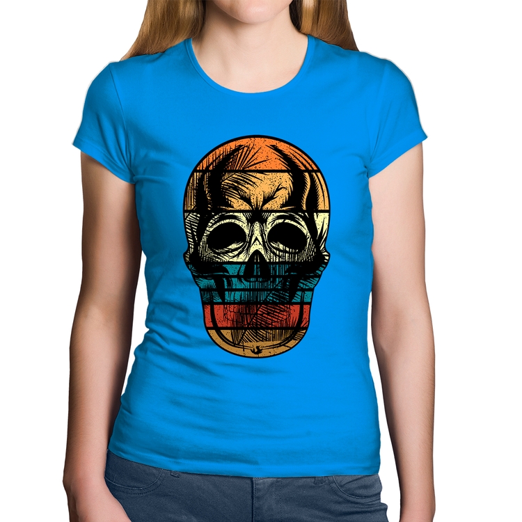 Baby Look Algodão Caveira Tropical - Azul