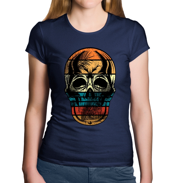 Baby Look Algodão Caveira Tropical - Marinho