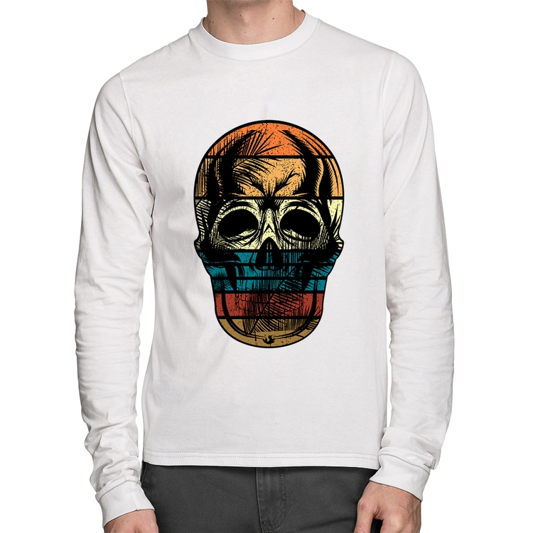 Camiseta Algodão Caveira Tropical Manga Longa - Branca