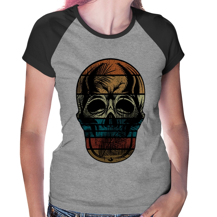 Baby Look Raglan Caveira Tropical - Cinza/Preto