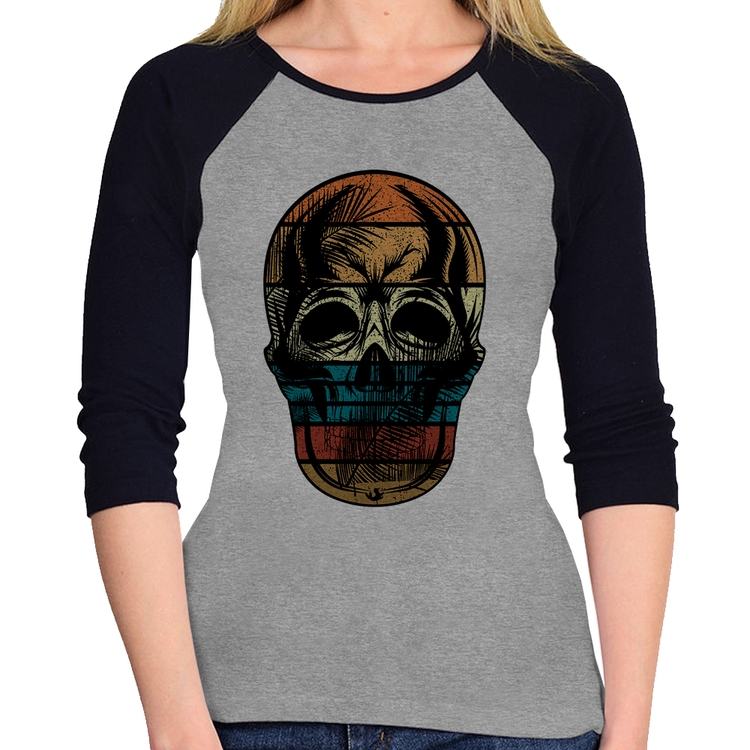 Baby Look Raglan Caveira Tropical Manga 3/4 - Cinza/Preto