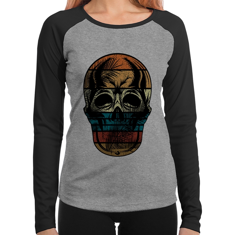 Baby Look Raglan Caveira Tropical Manga Longa - Cinza/Preto