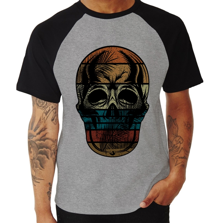Camiseta Raglan Caveira Tropical - Cinza/Preto