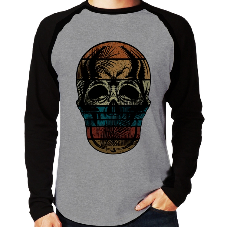 Camiseta Raglan Caveira Tropical Manga Longa - Cinza/Preto