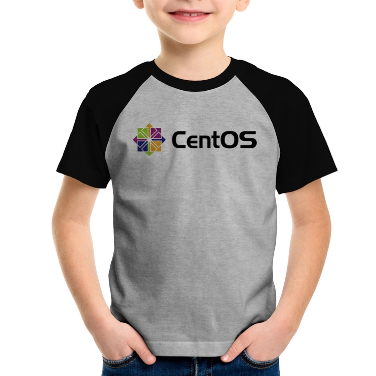 Camiseta Raglan Infantil CentOS Linux Logo - Cinza/Preto