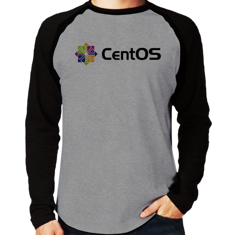 Camiseta Raglan CentOS Linux Logo Manga Longa - Cinza/Preto