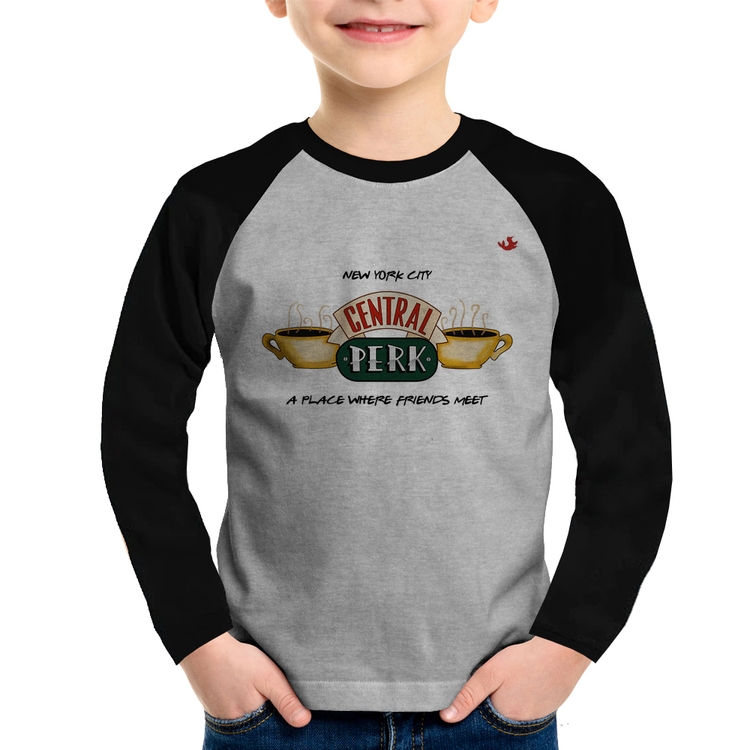 Camiseta Raglan Infantil Central Perk Manga Longa - Cinza/Preto