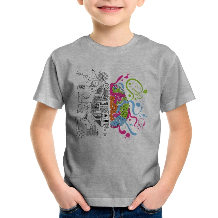 Camiseta Infantil Cérebro Analítico e Criativo - Cinza