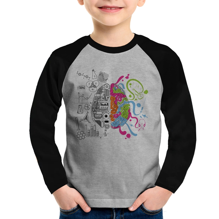 Camiseta Raglan Infantil Cérebro Analítico e Criativo Manga Longa - Cinza/Preto