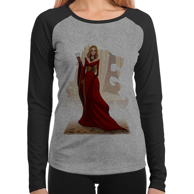 Baby Look Raglan Cersei Lannister Art Manga Longa - Cinza/Preto