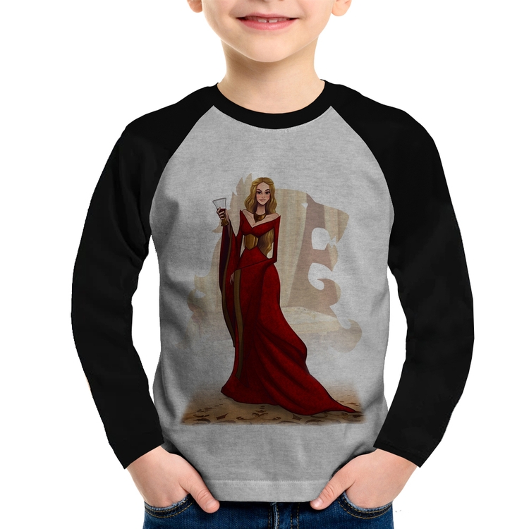 Camiseta Raglan Infantil Cersei Lannister Art Manga Longa - Cinza/Preto