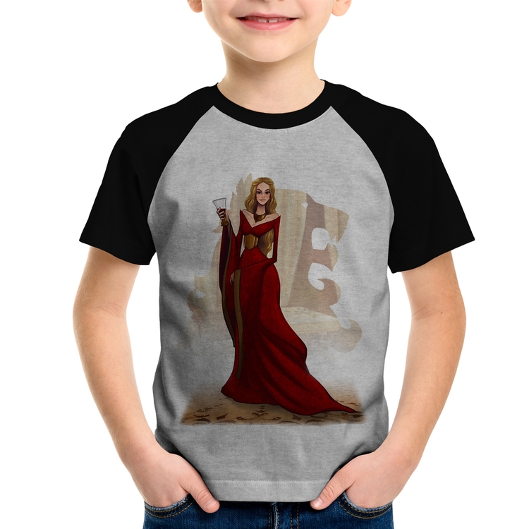 Camiseta Raglan Infantil Cersei Lannister Art - Cinza/Preto