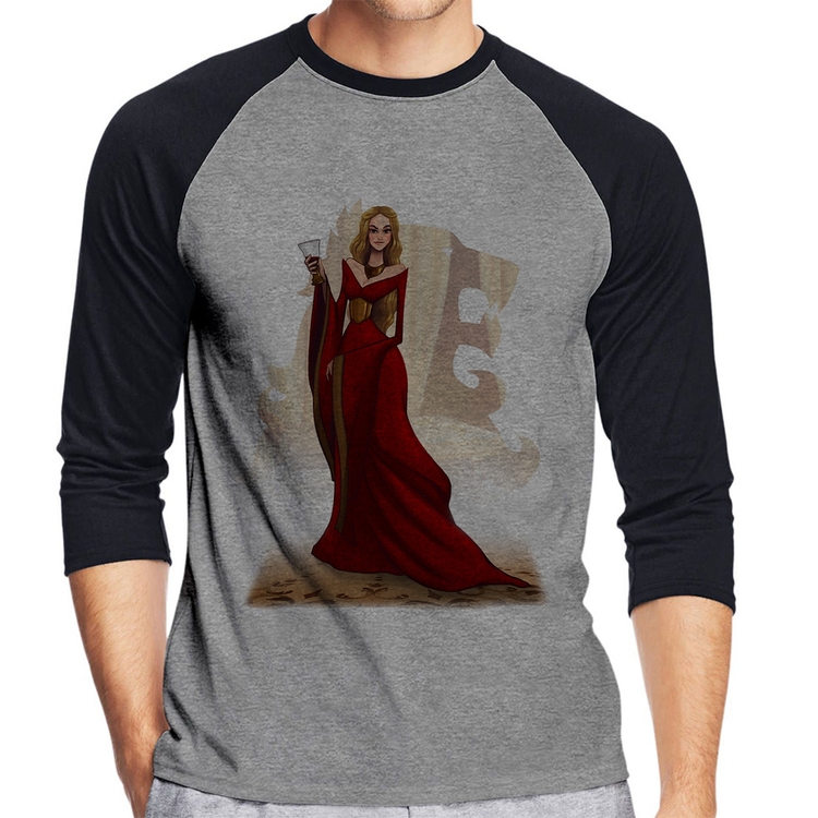 Camiseta Raglan Cersei Lannister Art Manga 3/4 - Cinza/Preto
