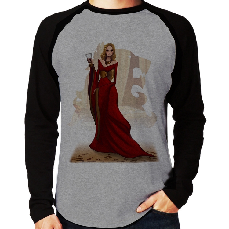 Camiseta Raglan Cersei Lannister Art Manga Longa - Cinza/Preto