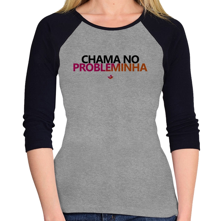 Baby Look Raglan Chama no Probleminha Manga 3/4 - Cinza/Preto