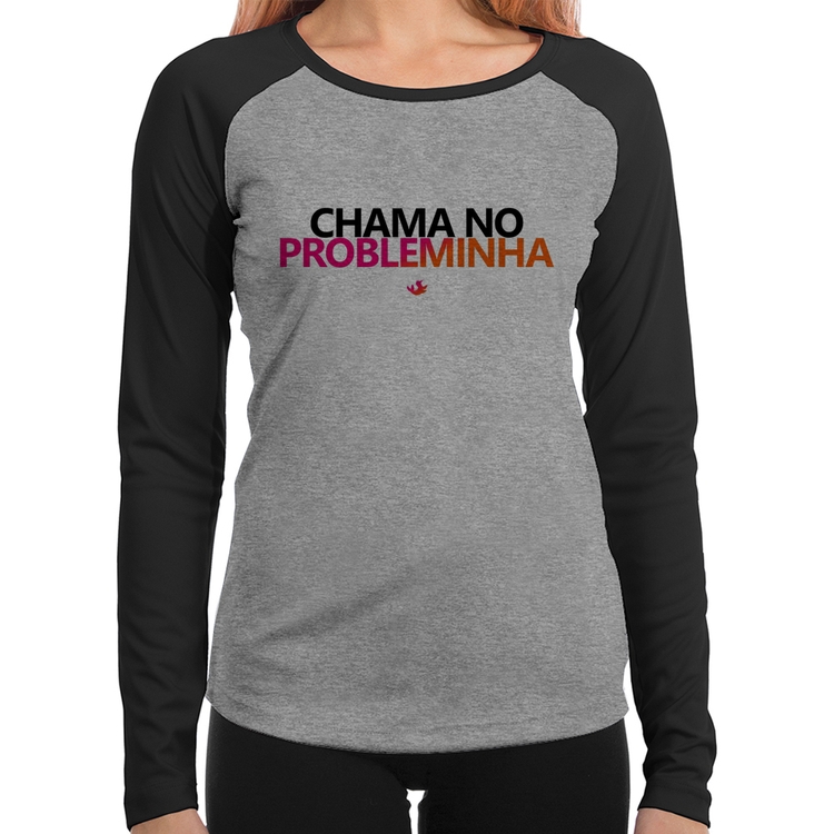 Baby Look Raglan Chama no Probleminha Manga Longa - Cinza/Preto
