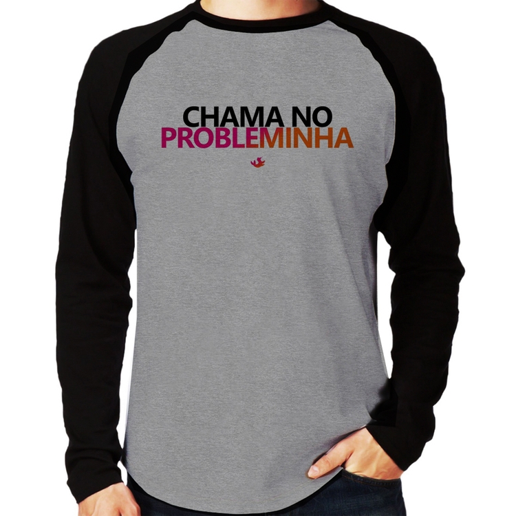 Camiseta Raglan Chama no Probleminha Manga Longa - Cinza/Preto