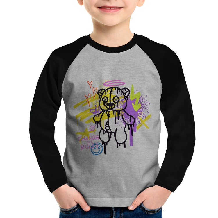 Camiseta Raglan Infantil Change the Rules Manga Longa - Cinza/Preto