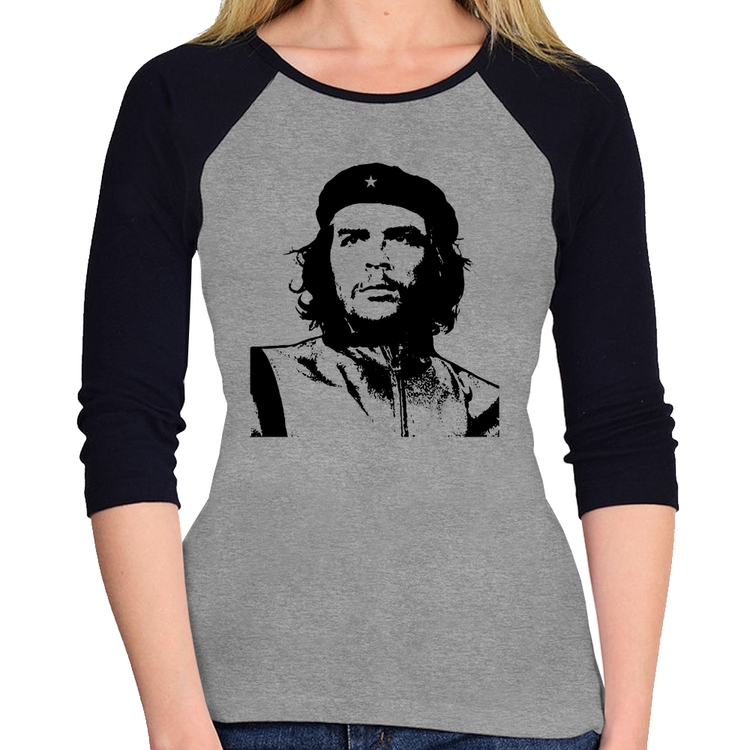 Baby Look Raglan Che Guevara Revolucionário Manga 3/4 - Cinza/Preto