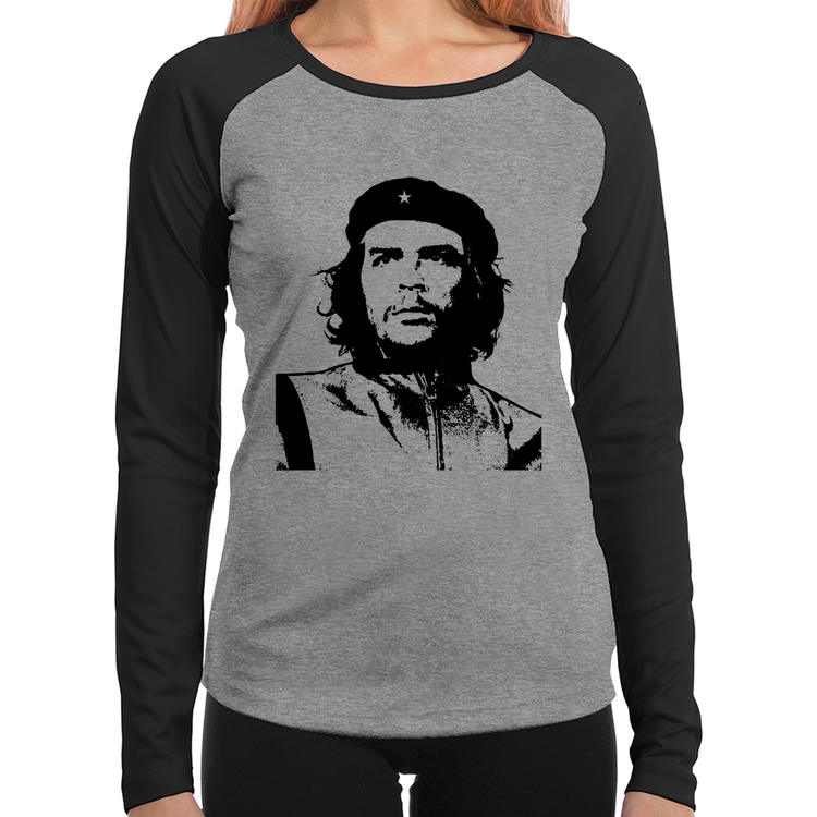 Baby Look Raglan Che Guevara Revolucionário Manga Longa - Cinza/Preto