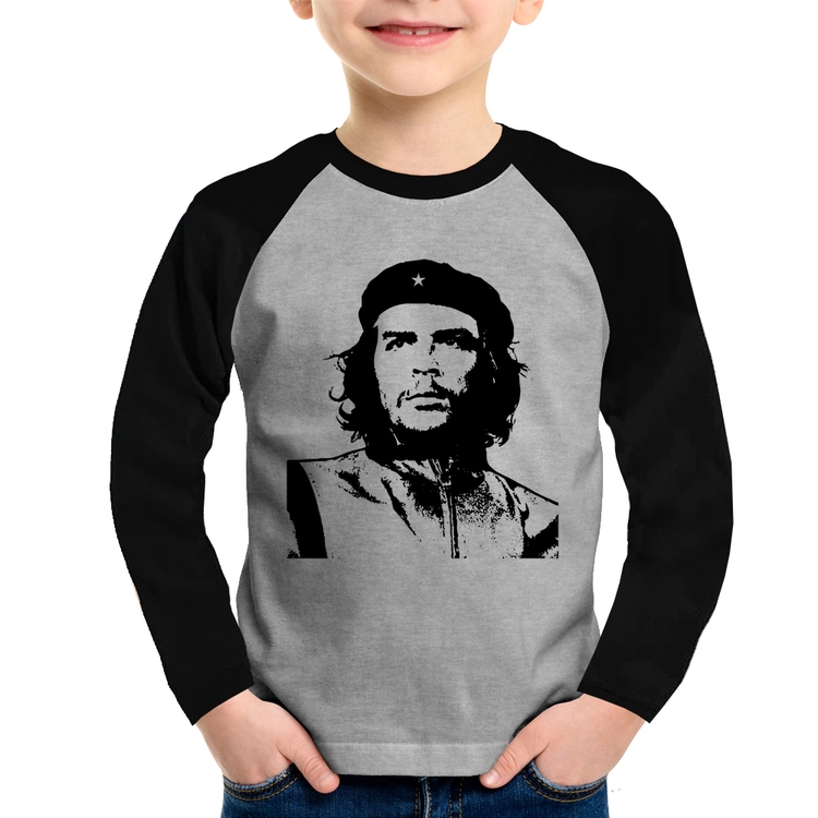 Camiseta Raglan Infantil Che Guevara Revolucionário Manga Longa - Cinza/Preto