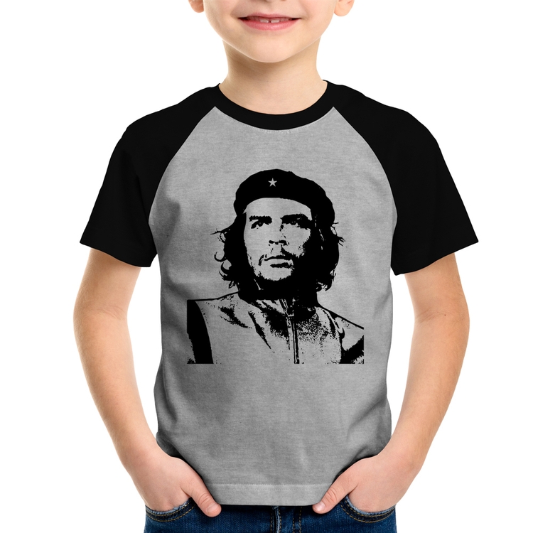 Camiseta Raglan Infantil Che Guevara Revolucionário - Cinza/Preto