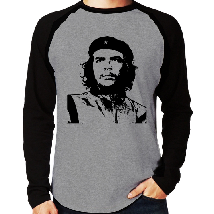Camiseta Raglan Che Guevara Revolucionário Manga Longa - Cinza/Preto