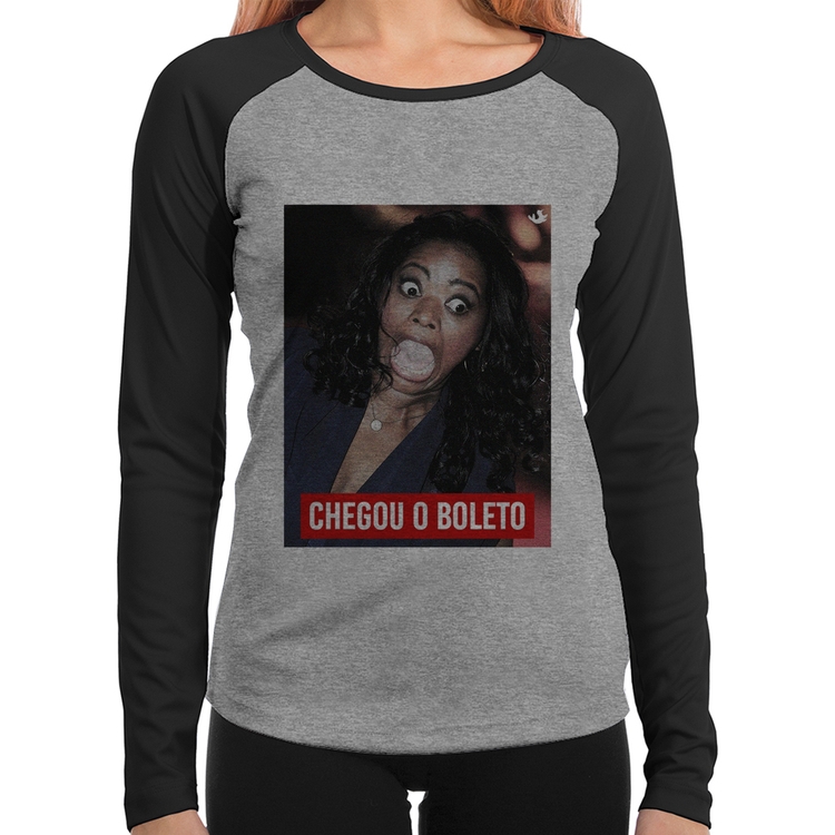 Baby Look Raglan Chegou o boleto Manga Longa - Cinza/Preto