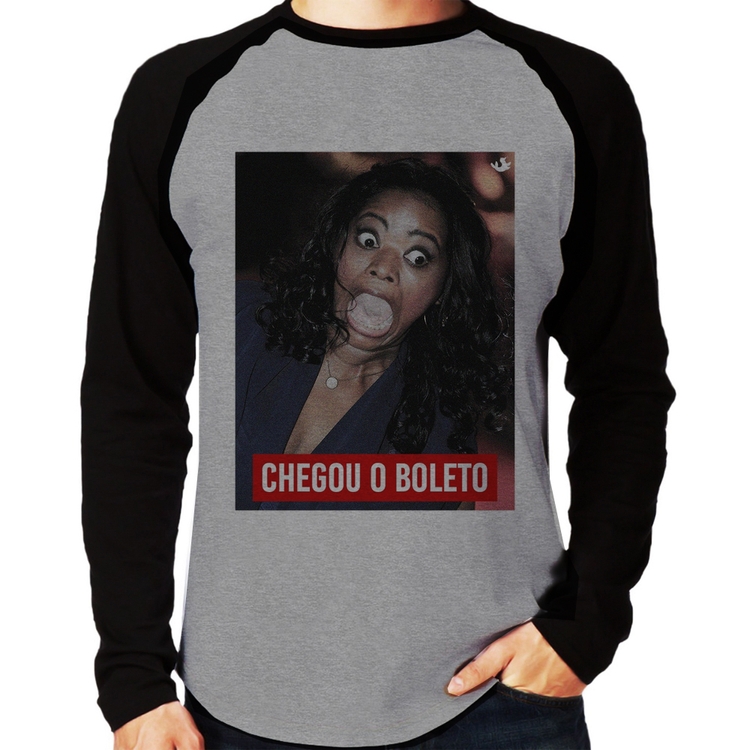 Camiseta Raglan Chegou o boleto Manga Longa - Cinza/Preto