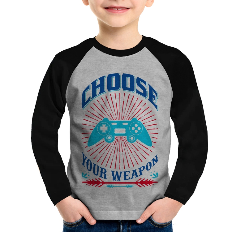 Camiseta Raglan Infantil Choose Your Weapon Manga Longa - Cinza/Preto