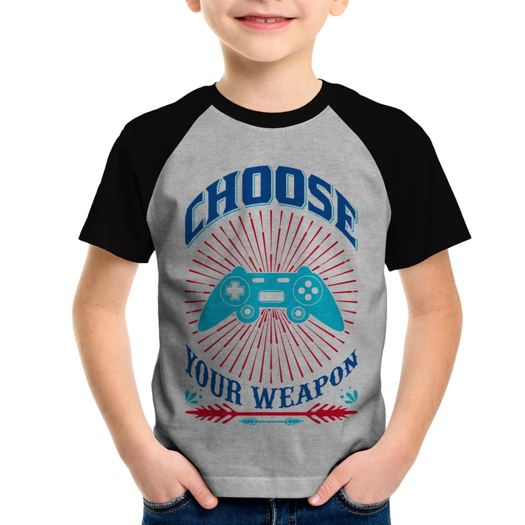 Camiseta Raglan Infantil Choose Your Weapon - Cinza/Preto