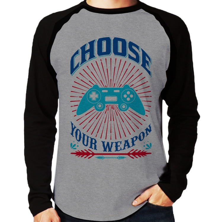 Camiseta Raglan Choose Your Weapon Manga Longa - Cinza/Preto