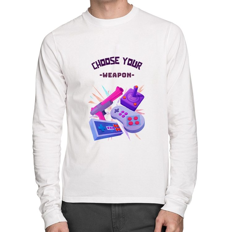 Camiseta Algodão Choose your weapon Manga Longa - Branca