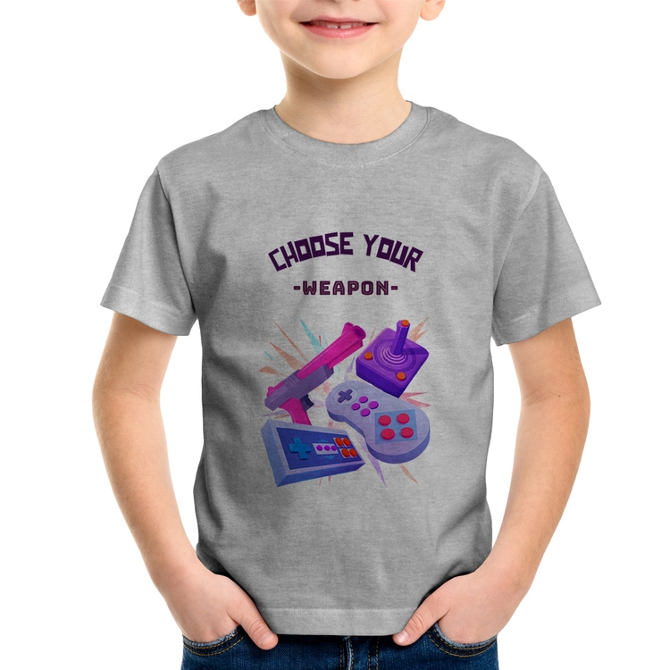 Camiseta Infantil Choose your weapon - Cinza