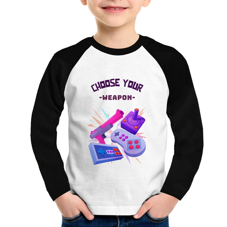 Camiseta Raglan Infantil Choose your weapon Manga Longa