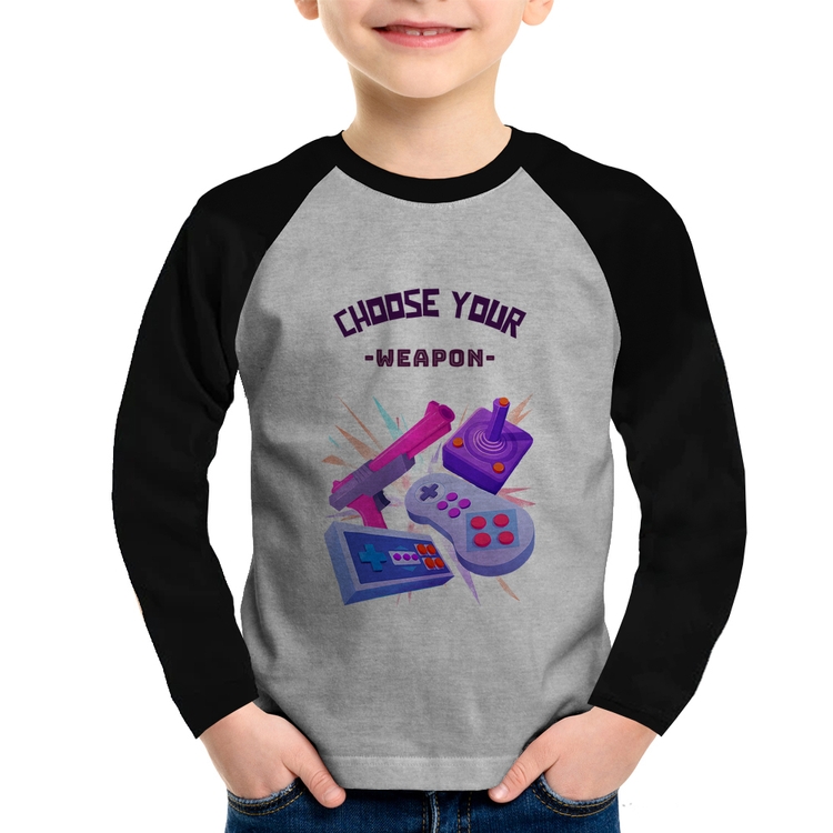 Camiseta Raglan Infantil Choose your weapon Manga Longa - Cinza/Preto