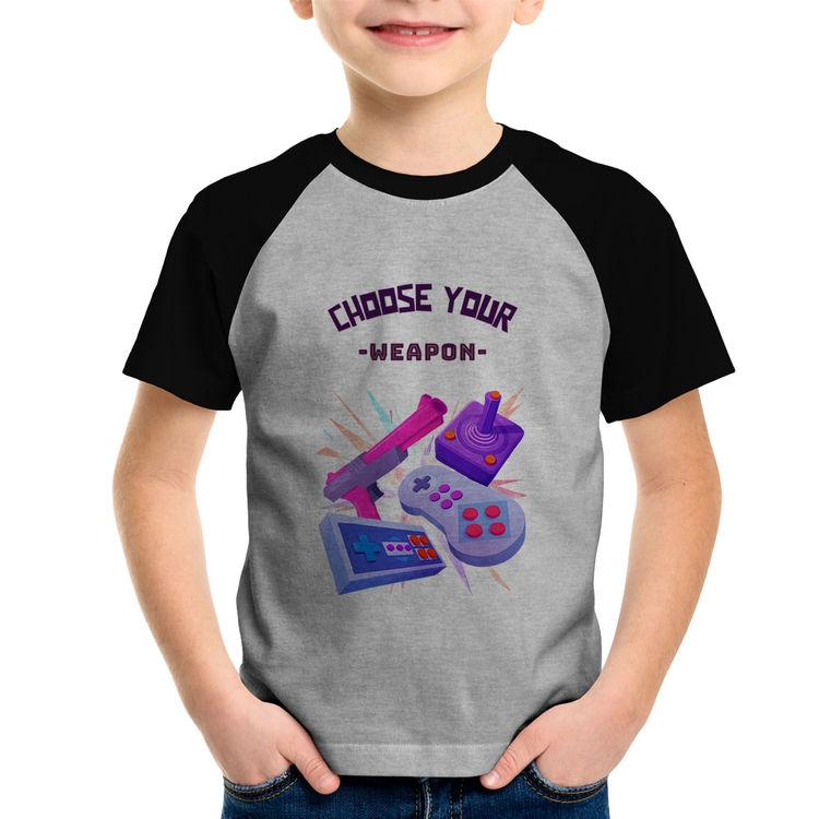 Camiseta Raglan Infantil Choose your weapon - Cinza/Preto