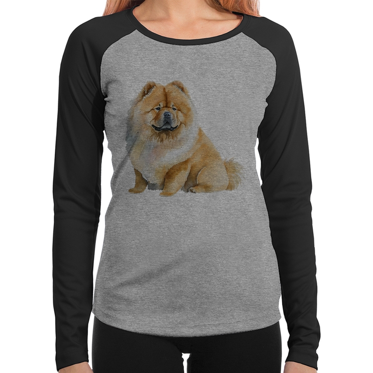 Baby Look Raglan Chow-chow Manga Longa - Cinza/Preto