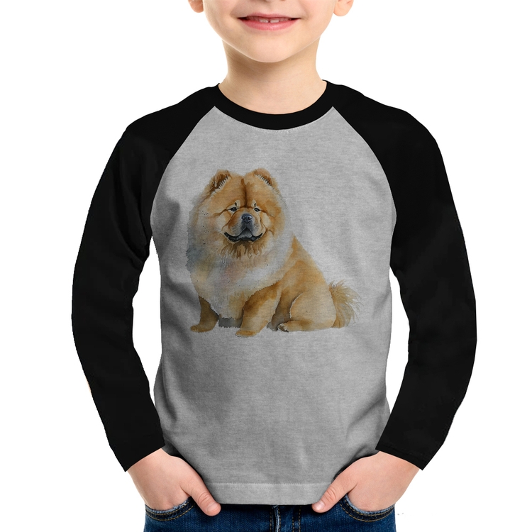 Camiseta Raglan Infantil Chow-chow Manga Longa - Cinza/Preto