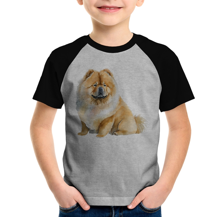 Camiseta Raglan Infantil Chow-chow - Cinza/Preto