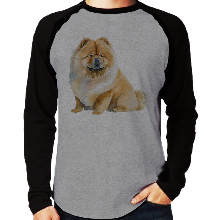 Camiseta Raglan Chow-chow Manga Longa - Cinza/Preto