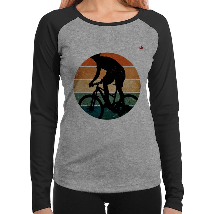 Baby Look Raglan Ciclismo Vintage Sunset Manga Longa - Cinza/Preto