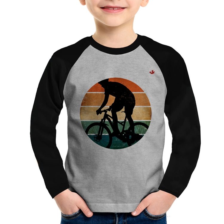 Camiseta Raglan Infantil Ciclismo Vintage Sunset Manga Longa - Cinza/Preto